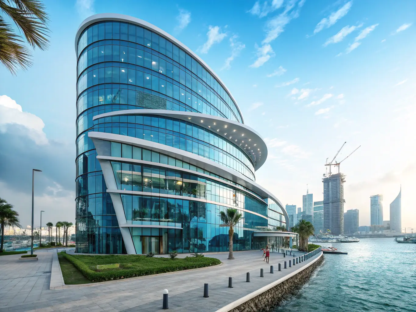 An image of a modern office building with various industry-related icons overlaid, representing the diverse sectors Vision Global serves.