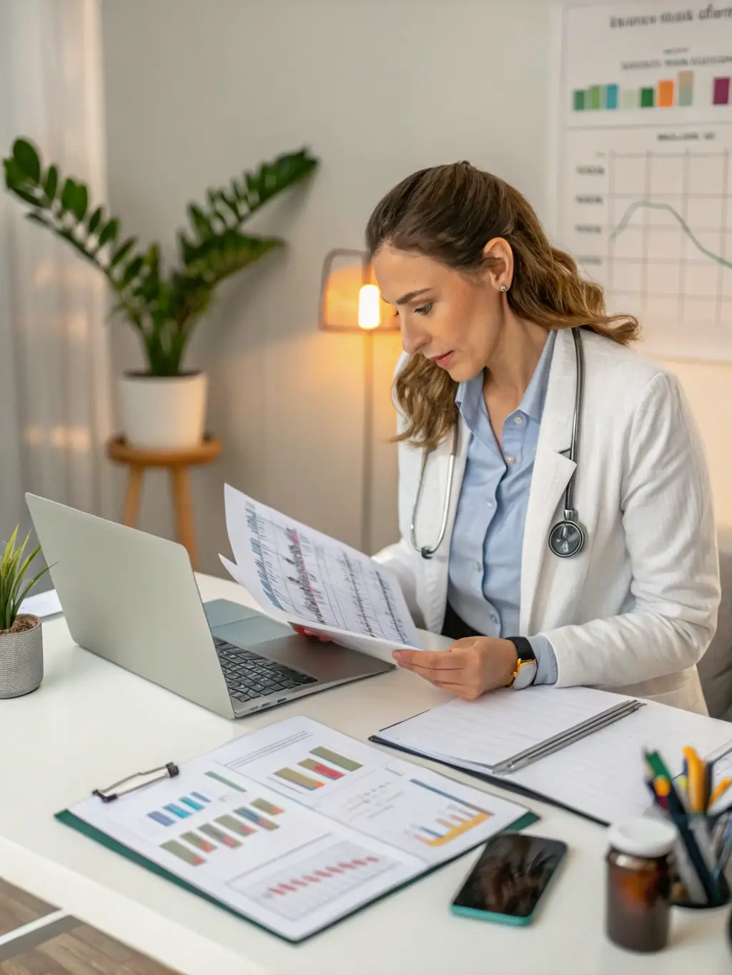 A dedicated medical practice manager reviewing financial reports in a modern clinic, highlighting the importance of healthcare-specific accounting.