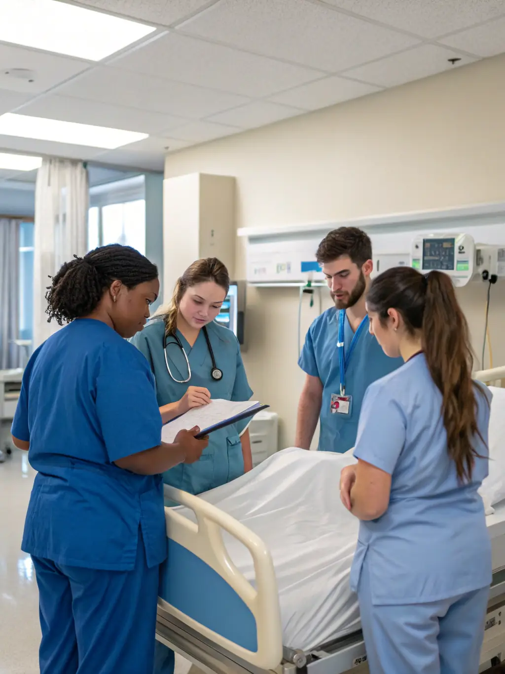 A diverse group of healthcare professionals in scrubs, discussing financial reports with a Vision Global accountant in a modern office setting, emphasizing collaboration and expertise.