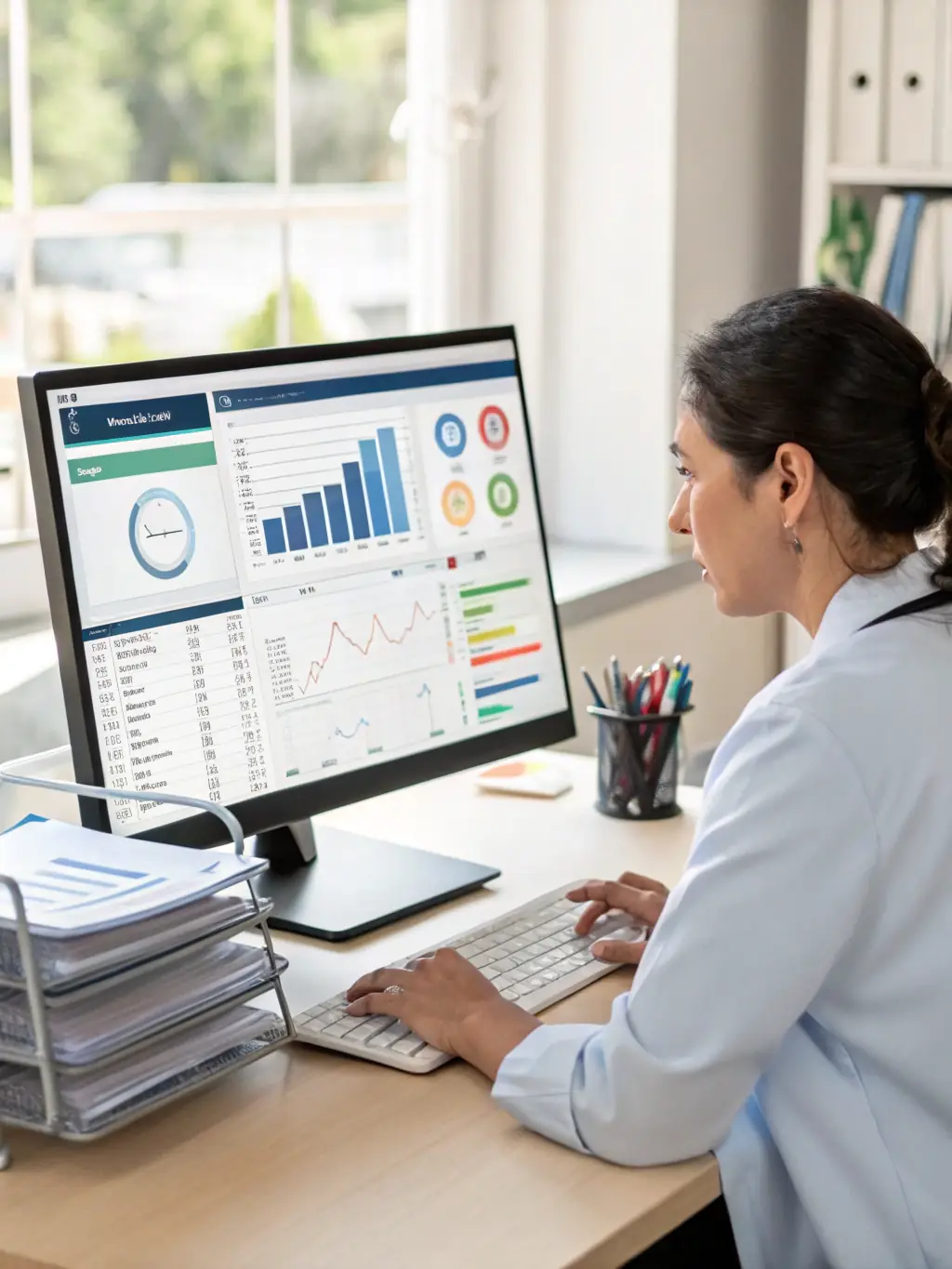 A medical practice administrator reviewing key performance indicators (KPIs) on a tablet, with a Vision Global report displayed alongside, showcasing data-driven insights.