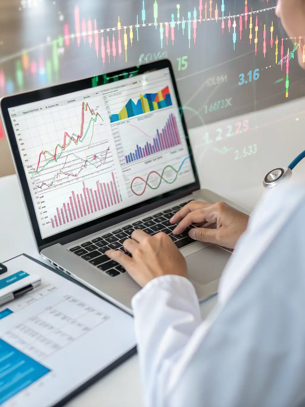 A secure digital platform displaying financial data for a medical practice, emphasizing data security, compliance, and accessibility.